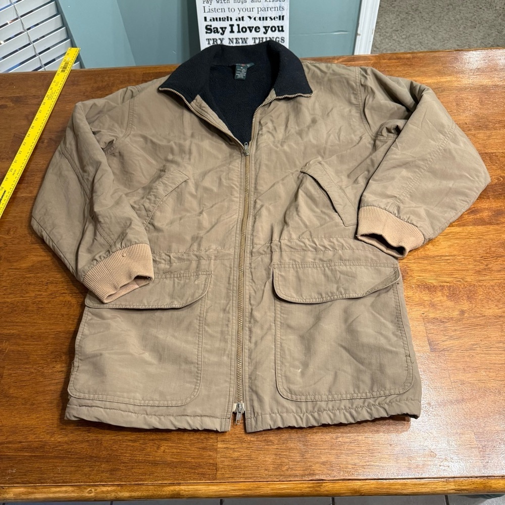Men's J. Crew Barn coat field Jacket tan with Black Collar fleece lined size Med